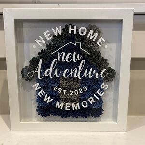 New Home Adventure Shadow Box with Rolled Paper Flowers - Blue and Black